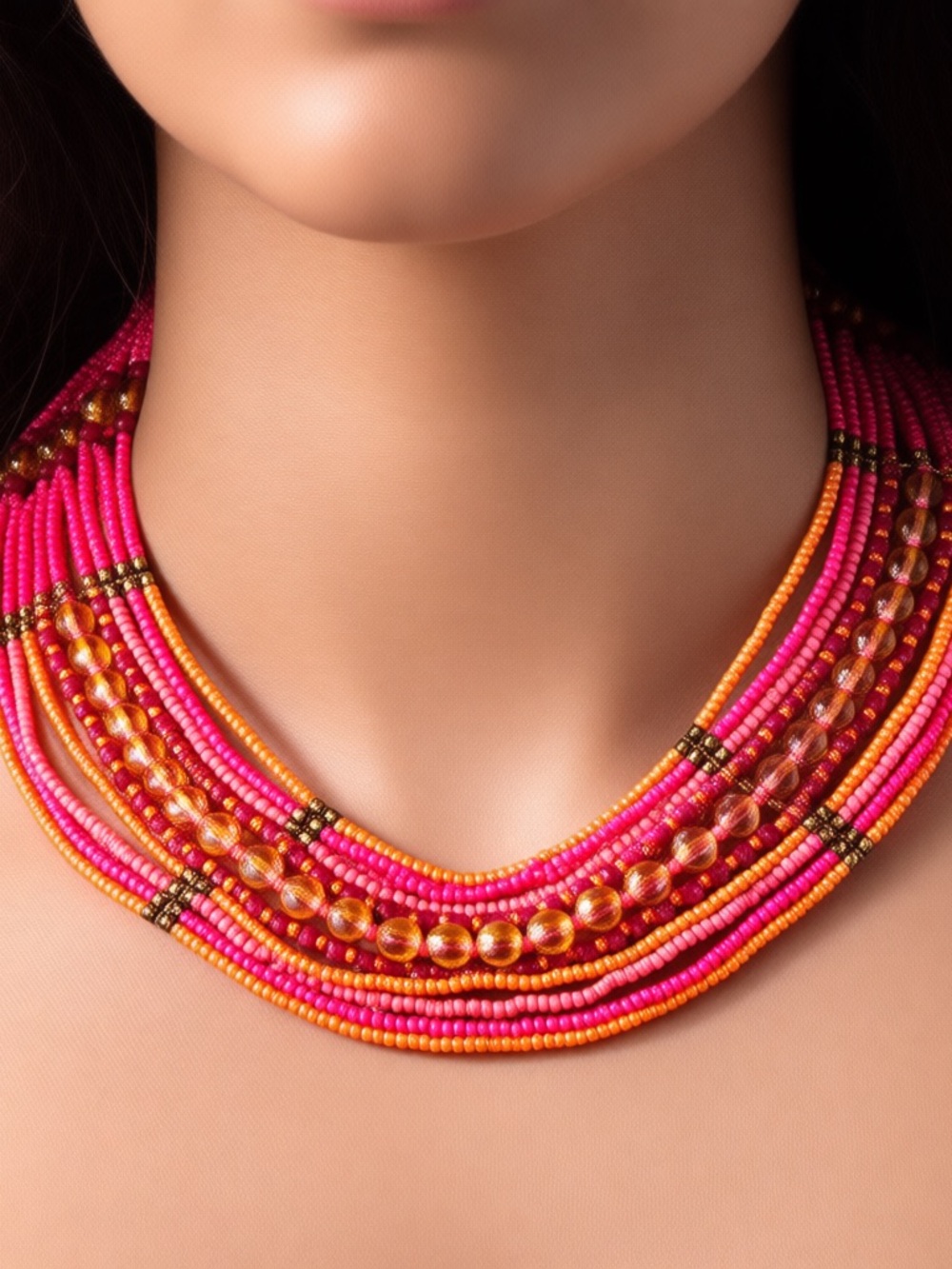 Boho Ethnic Multi Layer Seed Bead Necklace Pink Orange Gold Tone Statement Bib.